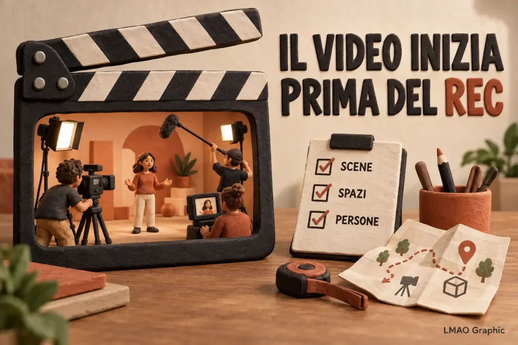 Scena 3D in stile plastilina con troupe dentro un ciak e lista di controllo per preparare scene, spazi e persone prima delle riprese.