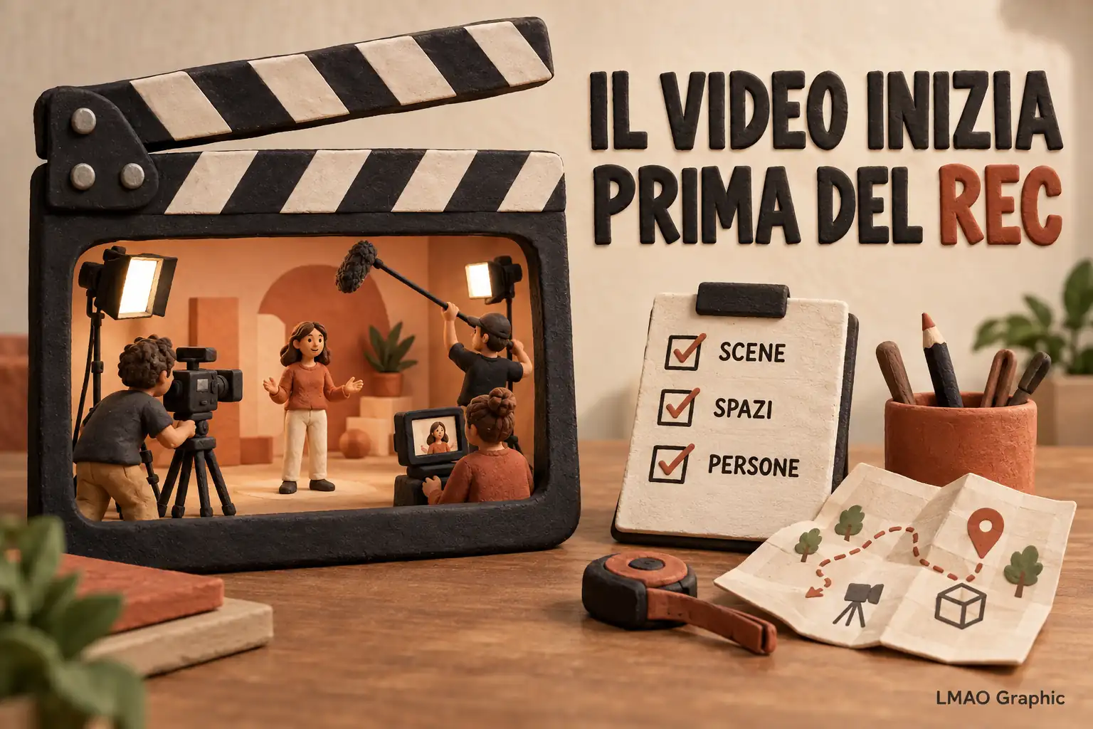 Scena 3D in stile plastilina con troupe dentro un ciak e lista di controllo per preparare scene, spazi e persone prima delle riprese.