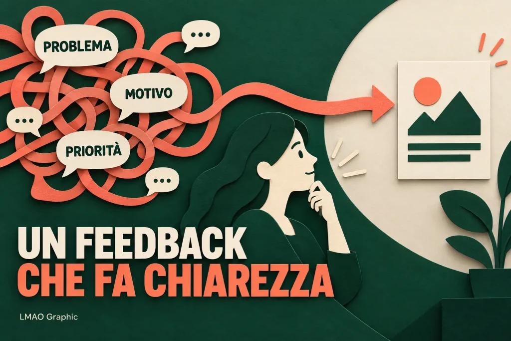 Illustrazione di carta ritagliata: commenti intrecciati su problema, motivo e priorità confluiscono in una freccia verso una bozza grafica.