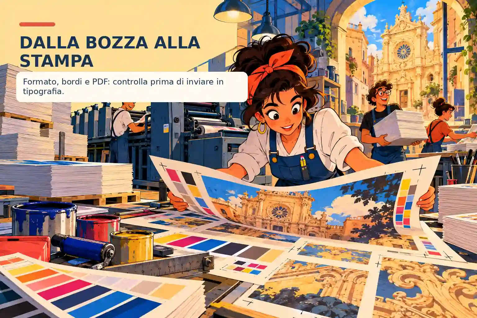 Illustrazione cartoon anni Novanta di una grafica che controlla una stampa in tipografia, tra macchine, prove colore e carta; titolo “Dalla bozza alla stampa”.