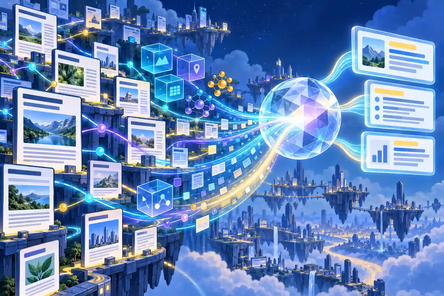 Rete di pagine web e contenuti digitali collegati da flussi luminosi verso un nucleo centrale, che rielabora le informazioni e le distribuisce in diversi risultati e formati di risposta.