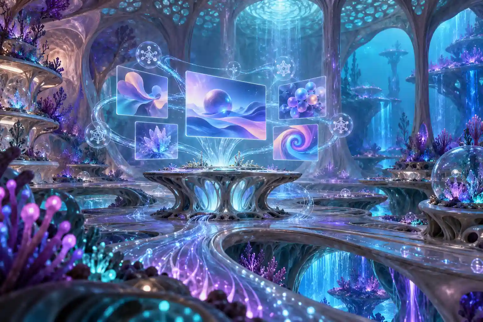 Ambiente digitale futuristico con diversi contenuti visivi sospesi e collegati da una rete di nodi, a rappresentare la creazione e la gestione di immagini generate con intelligenza artificiale.
