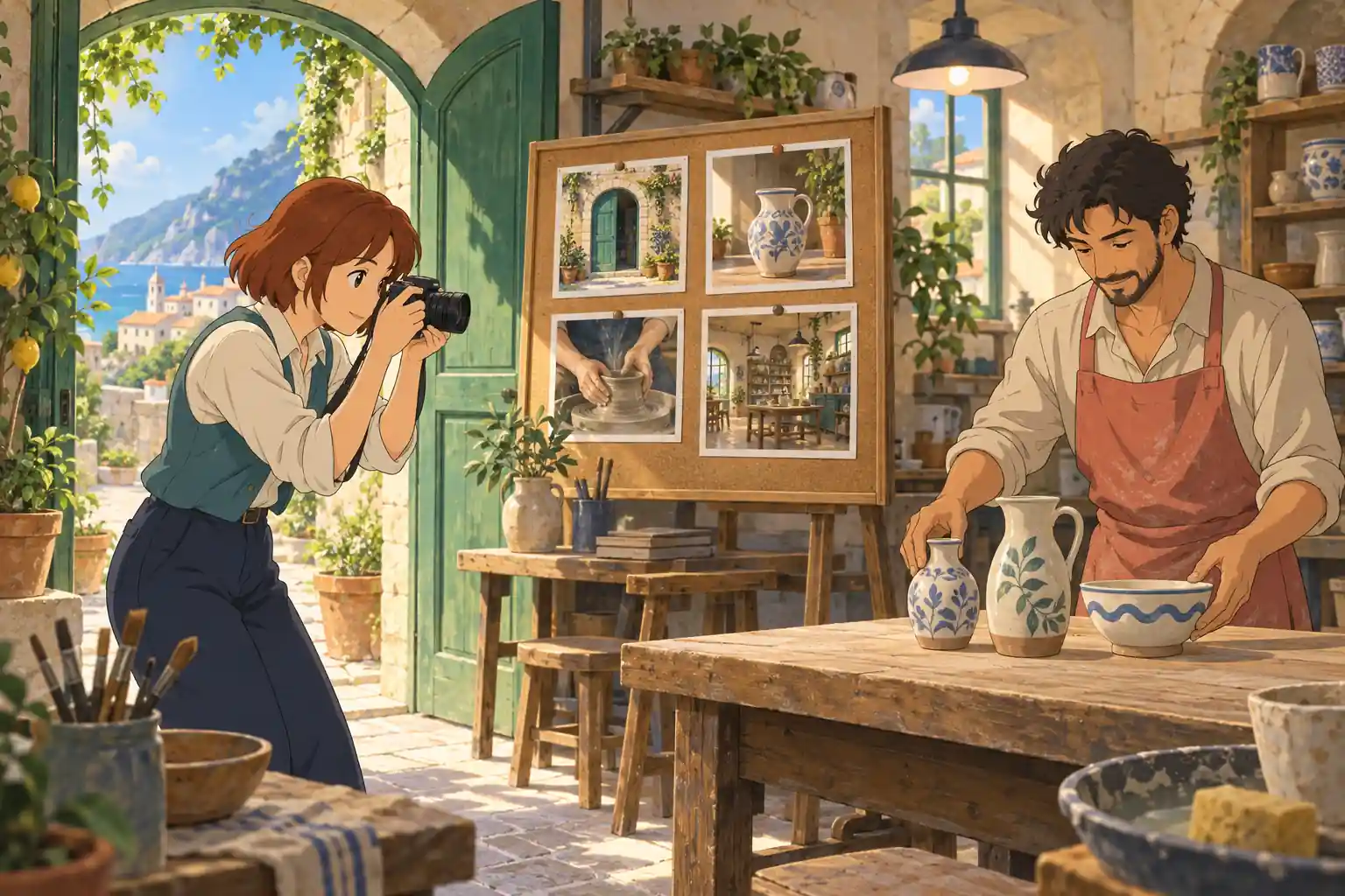 Una fotografa ritrae un ceramista nella sua bottega, accanto a una raccolta di scatti di ingresso, prodotti e lavorazioni. Scena illustrata in stile anime.