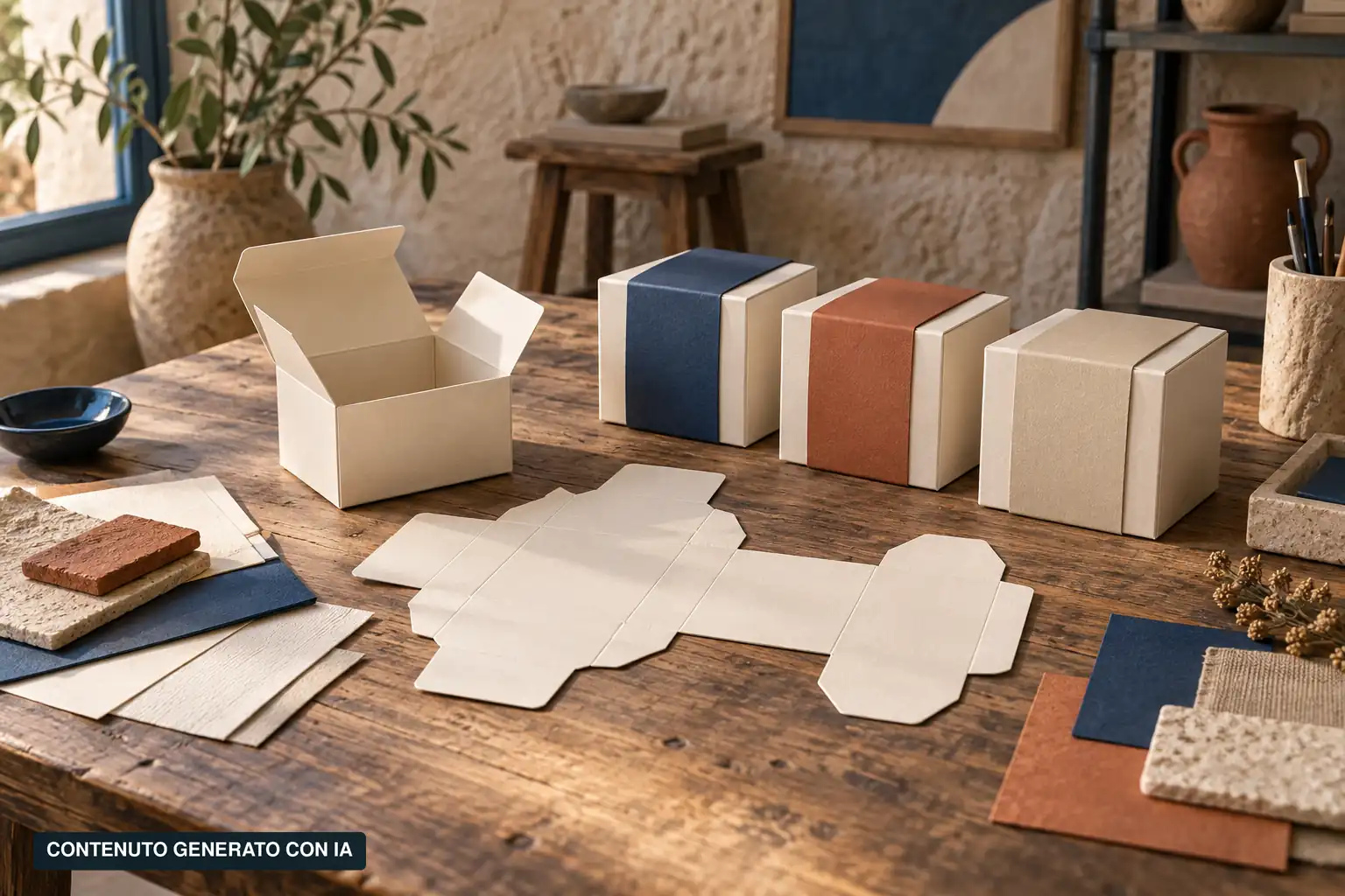 Scena di studio con scatole avorio, fasce blu e terracotta, una sagoma aperta e campioni materici su un tavolo di legno. È presente la dicitura «CONTENUTO GENERATO CON IA».
