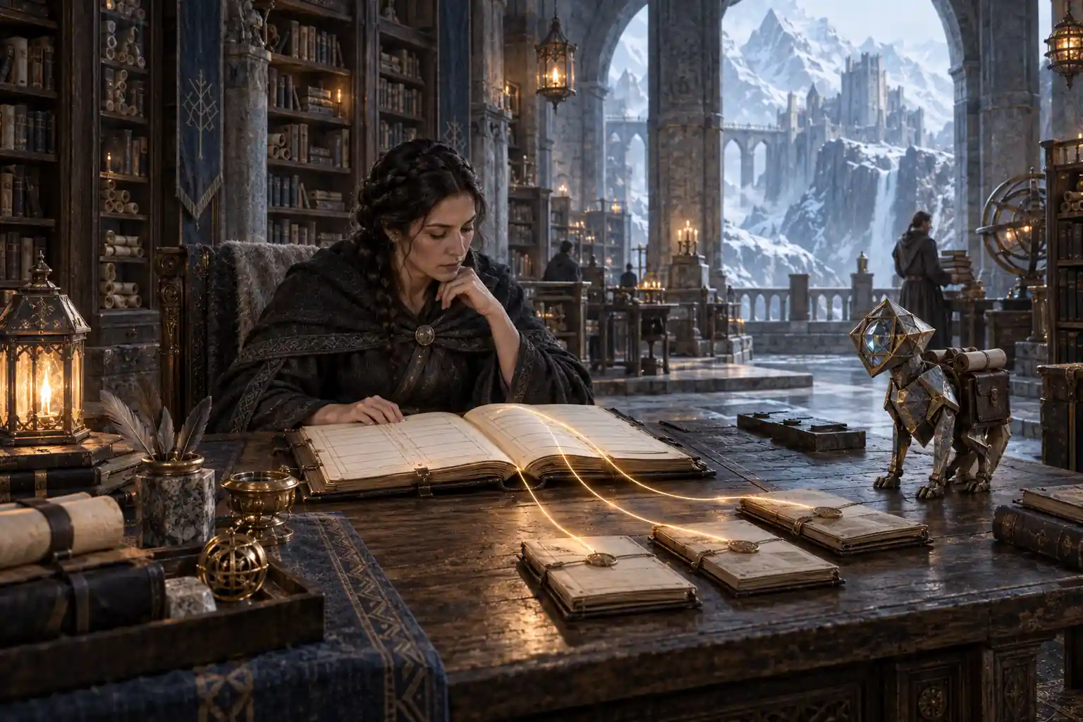 In una biblioteca fantasy, un’archivista esamina un volume collegato da fili luminosi a tre fascicoli, accanto a un piccolo automa. La scena rappresenta il legame tra fonte centrale e contenuti derivati.