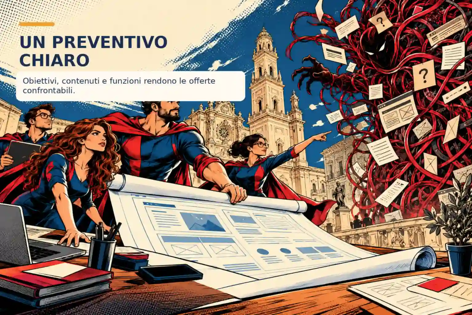 Illustrazione a fumetto di supereroi originali che difendono il progetto di un sito da una massa di richieste confuse; tavola progettuale.