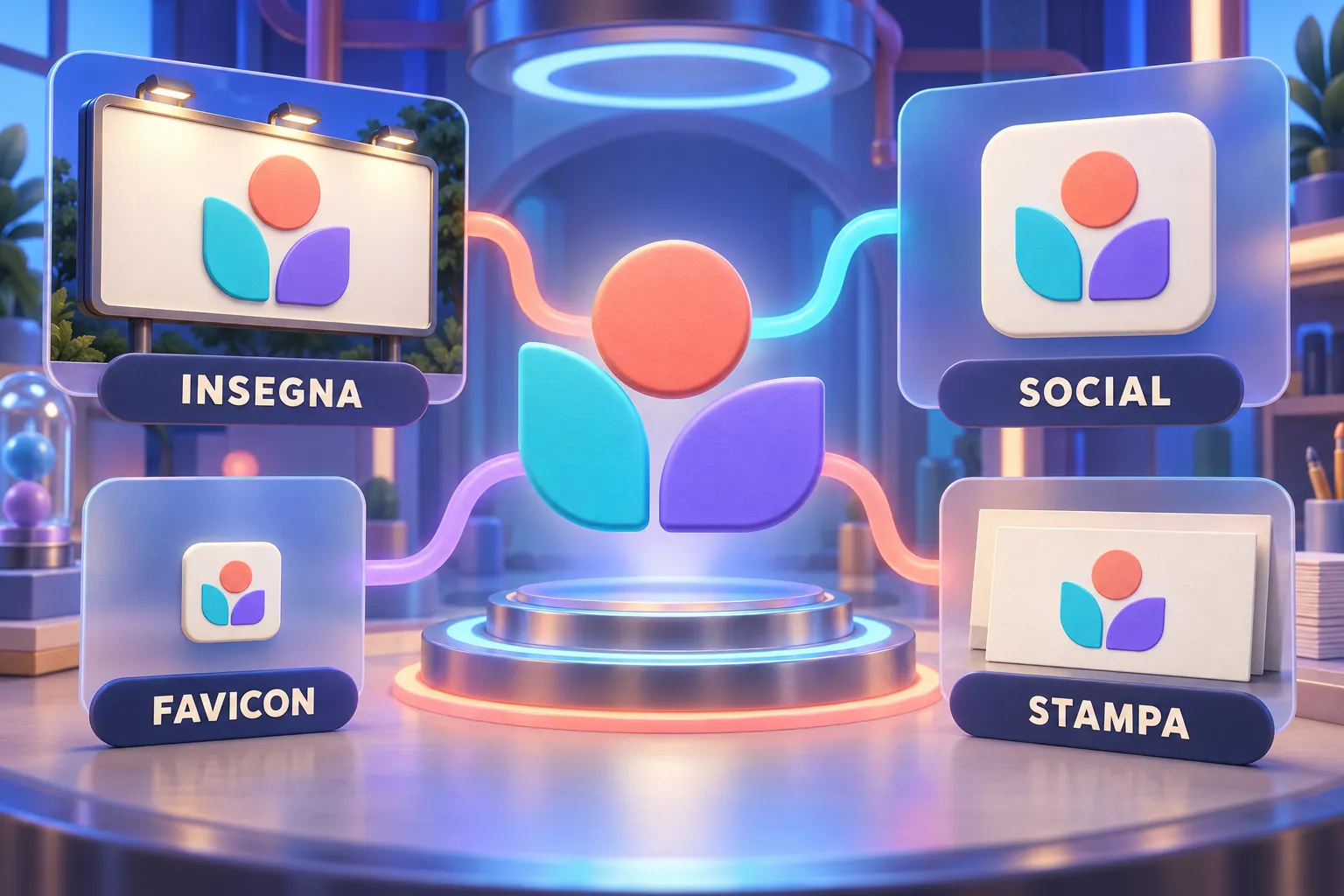 Schema 3D con il logo Lmao Graphic al centro e quattro applicazioni collegate: insegna, social, favicon e stampa, per mostrare la coerenza visiva del marchio nei diversi formati.