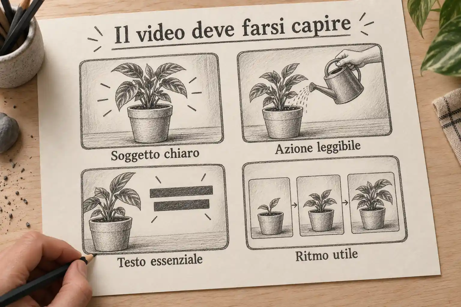 Infografica a matita «Il video deve farsi capire»: una pianta e il gesto di annaffiarla illustrano soggetto chiaro, azione leggibile, testo essenziale e ritmo utile. Una mano completa il disegno.