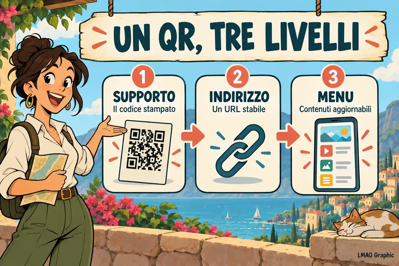 QR code per menu in tre livelli: codice stampato sul supporto, URL stabile e contenuti aggiornabili su smartphone