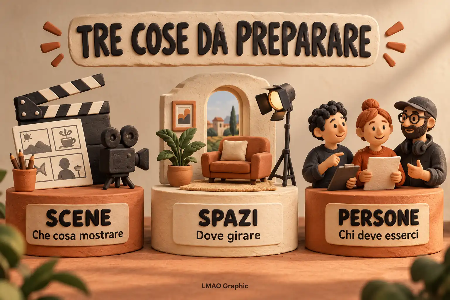 Infografica 3D in tre gruppi: scene da mostrare, spazi in cui girare e persone che devono essere presenti sul set.