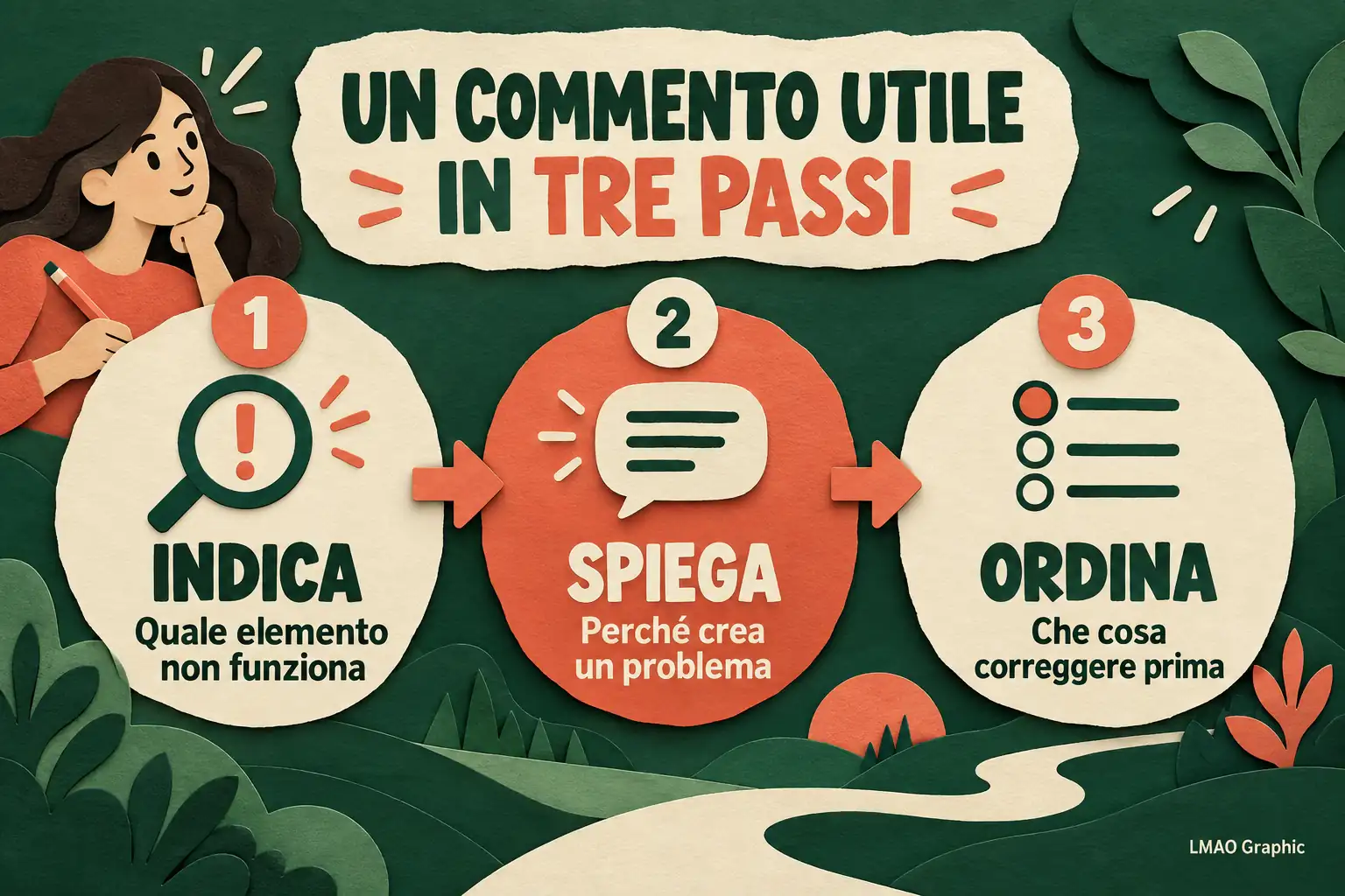 Infografica in tre passaggi: indicare l’elemento che non funziona, spiegare il problema e stabilire che cosa correggere prima.