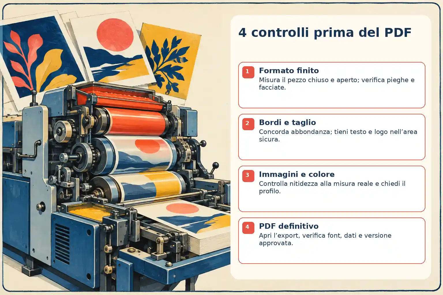 Infografica cartoon con macchina da stampa e quattro controlli: formato finito, bordi e taglio, immagini e colore, PDF definitivo.