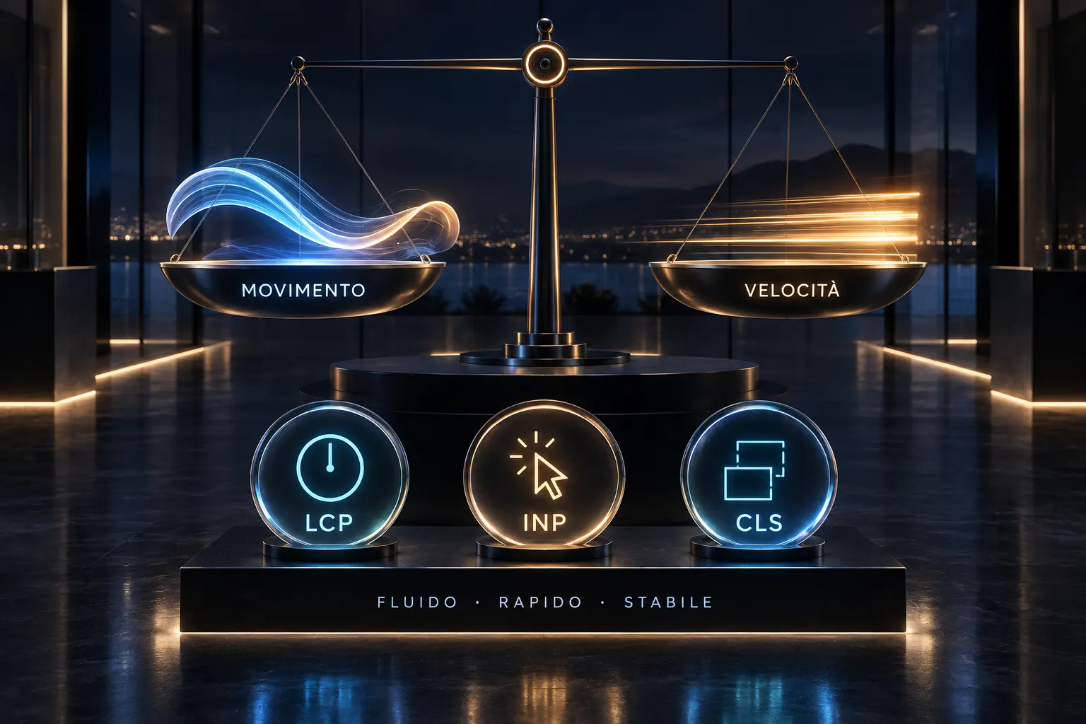 Bilancia 3D che mette a confronto movimento e velocità nelle animazioni web, con gli indicatori Core Web Vitals LCP, INP e CLS associati ai concetti di fluidità, rapidità e stabilità.