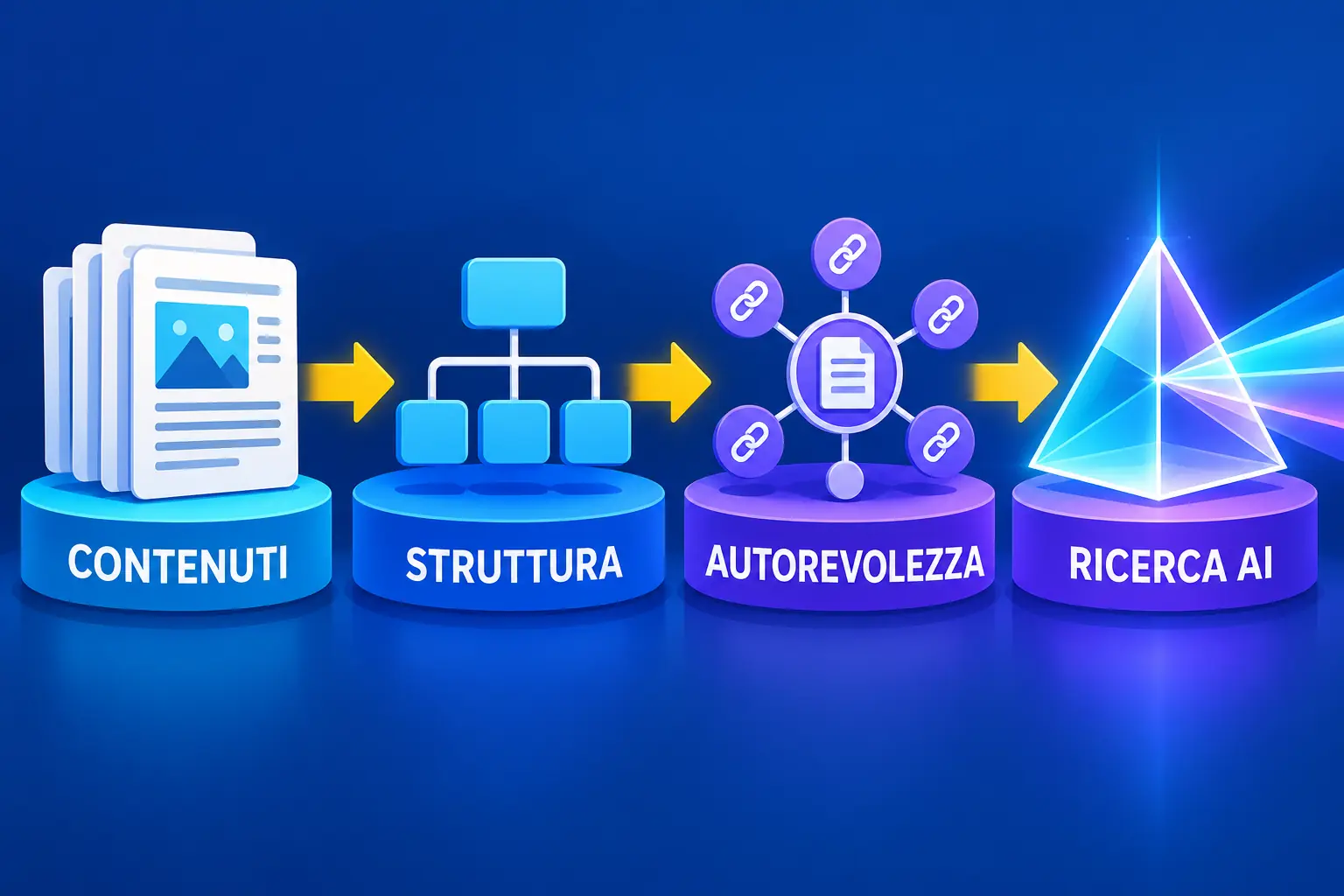 Infografica che rappresenta un percorso composto da contenuti, struttura del sito e autorevolezza collegati in sequenza fino alla ricerca AI, visualizzata come un prisma luminoso.