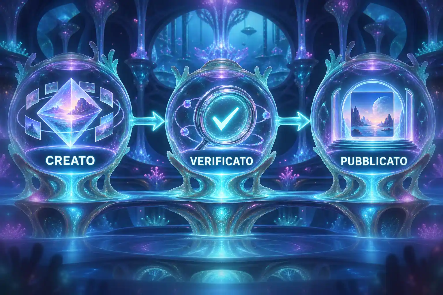 Schema in tre fasi con un contenuto generato, un controllo indicato da una spunta e l’immagine finale pubblicata, per rappresentare il processo di creazione, verifica e pubblicazione di contenuti visivi.