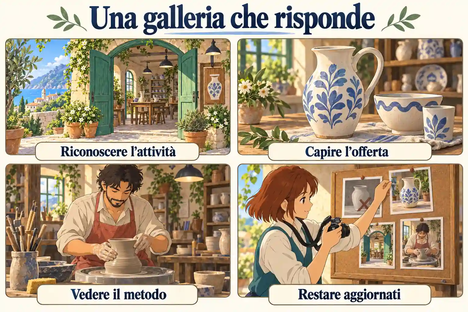 Infografica «Una galleria che risponde»: ingresso, ceramiche, lavorazione e aggiornamento degli scatti illustrano come riconoscere l’attività, capire l’offerta, vedere il metodo e restare aggiornati.