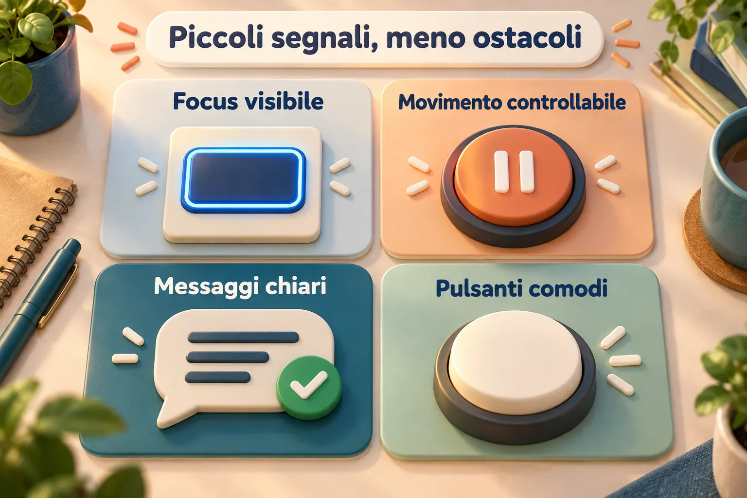 Infografica 3D «Piccoli segnali, meno ostacoli»: quattro riquadri illustrano focus visibile, movimento controllabile, messaggi chiari e pulsanti comodi.