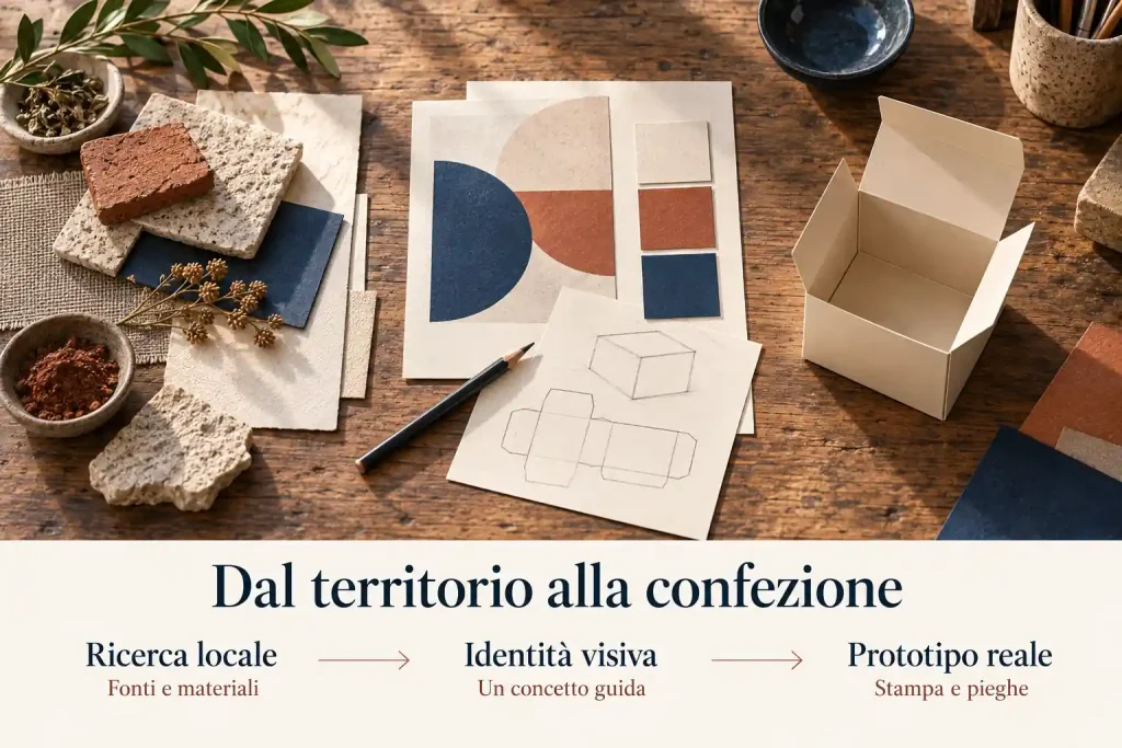 Infografica «Dal territorio alla confezione»: ricerca locale di fonti e materiali, identità visiva guidata da un concetto e verifica con un prototipo stampato e piegato. Sul tavolo, campioni, palette, schizzi e una scatola aperta.