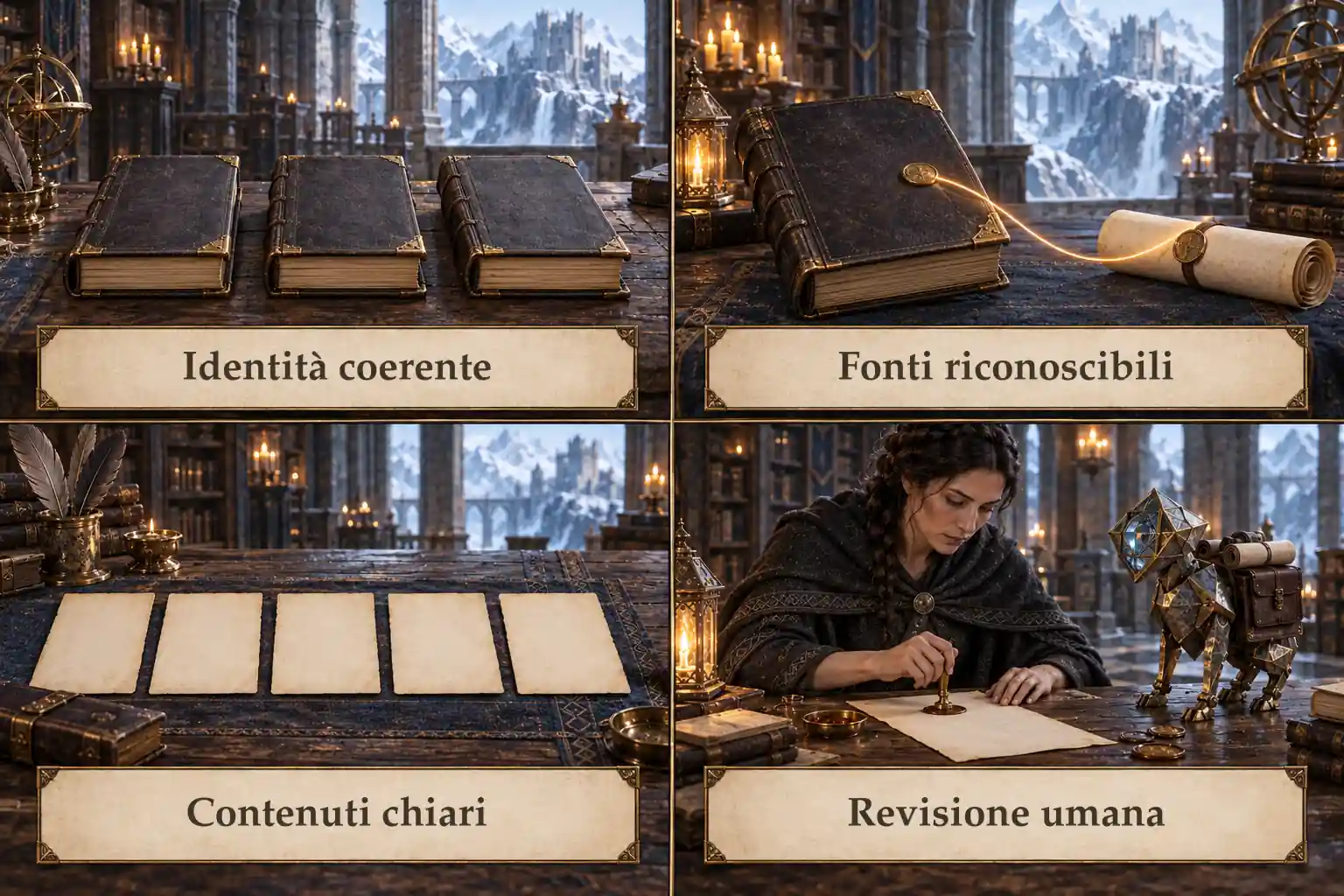 Quattro riquadri fantasy illustrano identità coerente, fonti riconoscibili, contenuti chiari e revisione umana attraverso libri, pergamene e un’archivista affiancata da un automa.