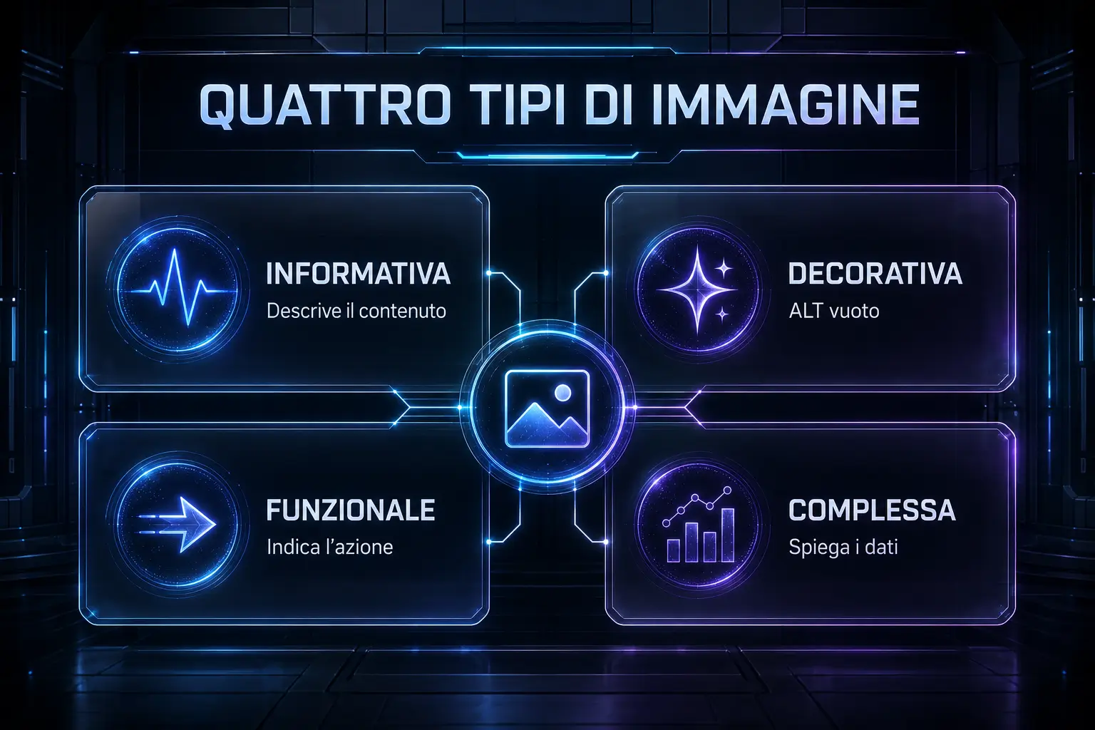 Infografica futuristica sui quattro tipi di immagine, informativa, decorativa, funzionale e complessa, con indicazioni sul testo ALT per Lmao Graphic.