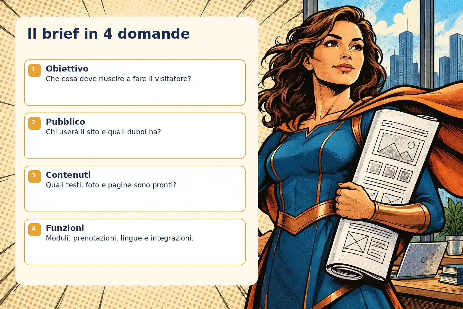 Infografica in stile fumetto con una supereroina originale e quattro domande per un preventivo: obiettivo, pubblico, contenuti e funzioni.