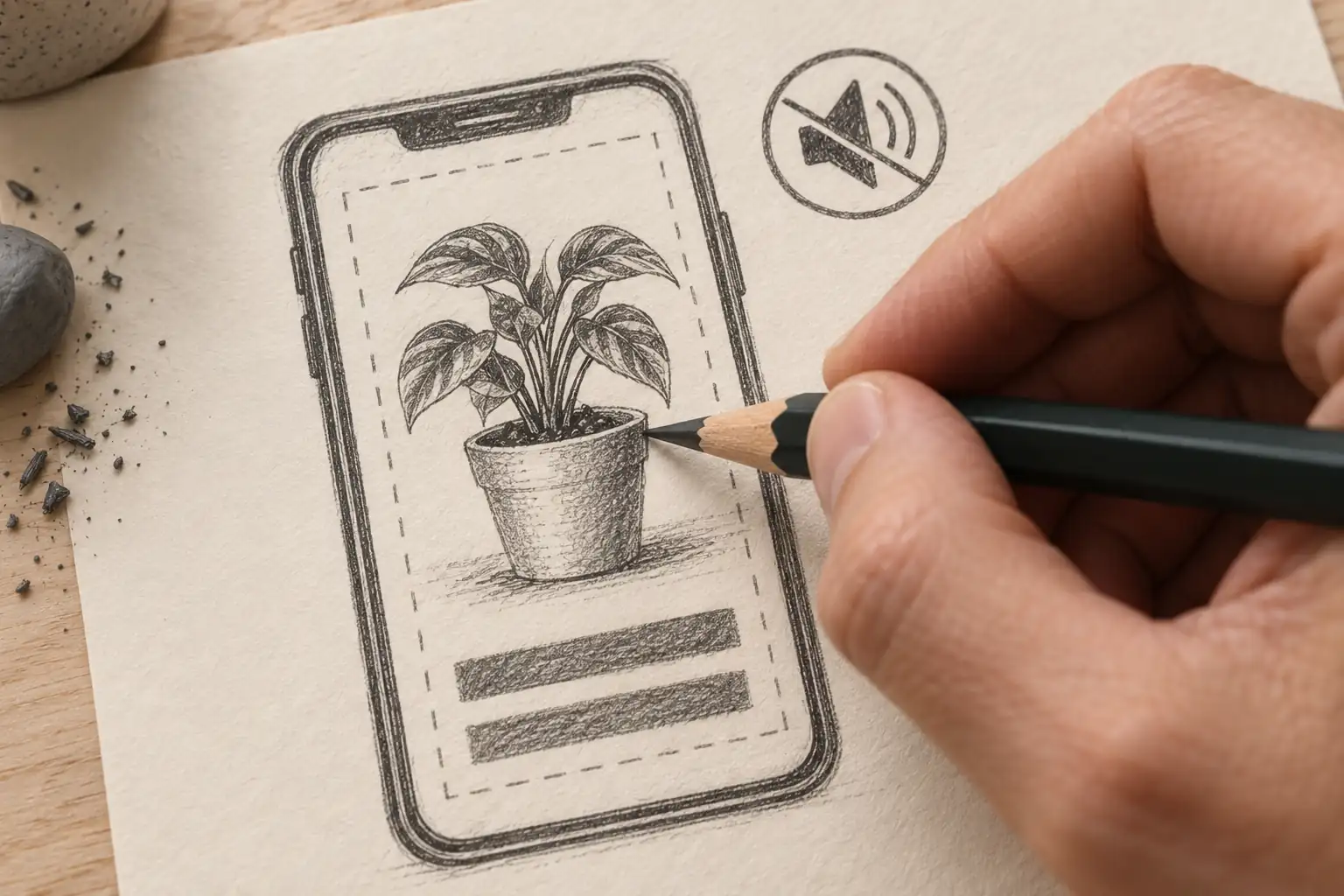 Una mano disegna una pianta nello schermo di uno smartphone verticale. Un bordo tratteggiato delimita l’area sicura e due barre indicano lo spazio per il testo; accanto compare il simbolo dell’audio disattivato.