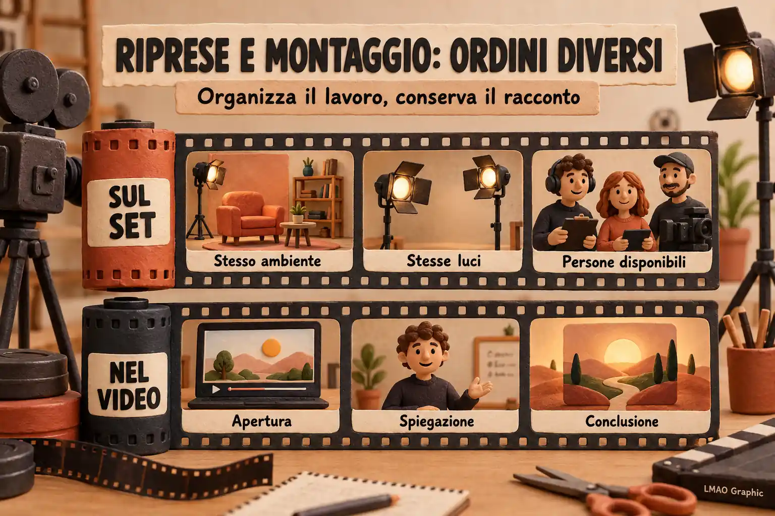 Due sequenze illustrate: sul set si raggruppano ambiente, luci e persone disponibili; nel video si ordinano apertura, spiegazione e conclusione.