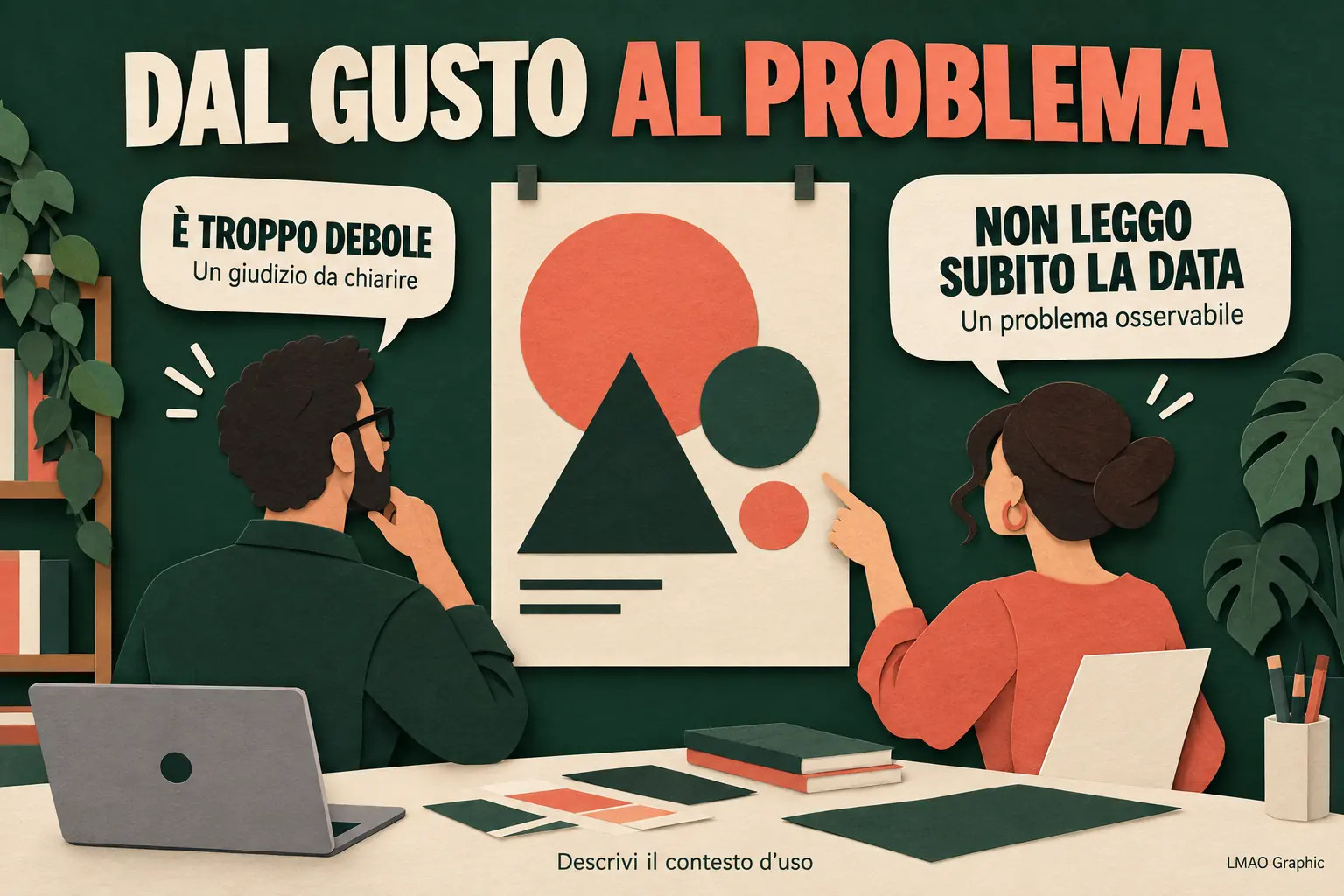 Due persone commentano una bozza: «È troppo debole» è un giudizio da chiarire; «Non leggo subito la data» descrive un problema osservabile.