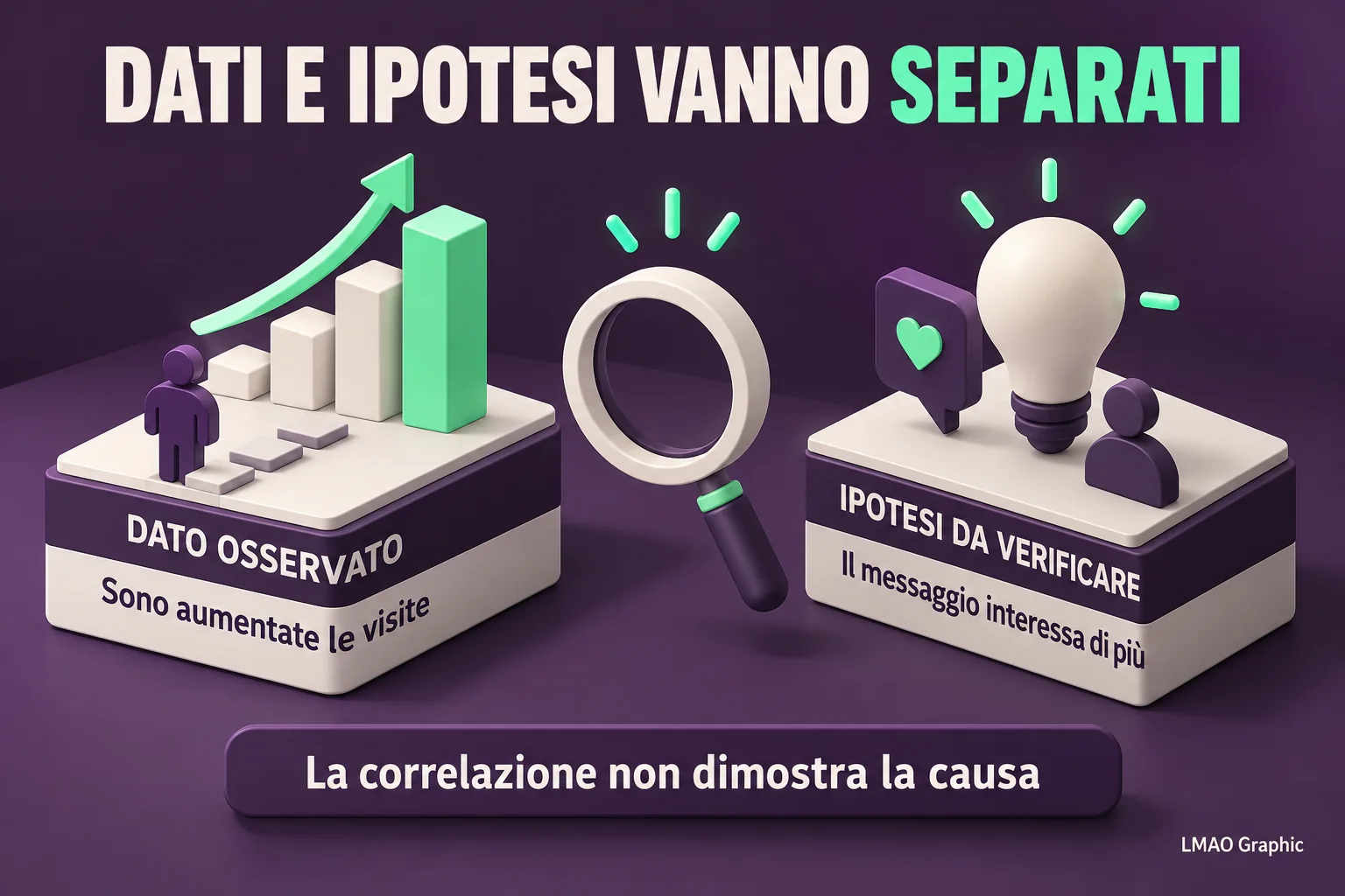 Confronto 3D: l’aumento delle visite è un dato osservato; il maggiore interesse per il messaggio è un’ipotesi. La correlazione non dimostra la causa.
