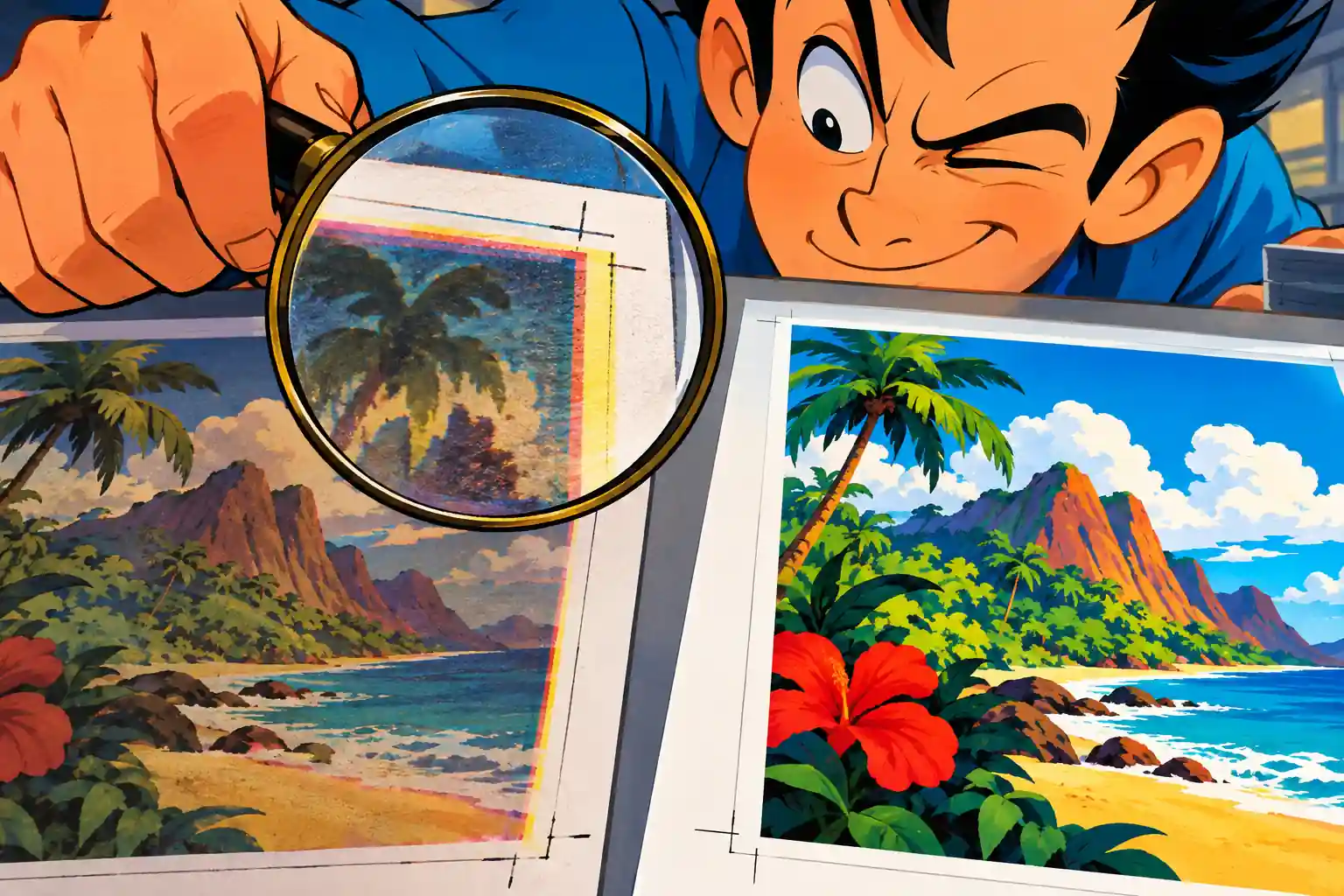 Illustrazione cartoon ravvicinata: una persona osserva con la lente una prova dai colori spenti accanto a una stampa più nitida e vivace.