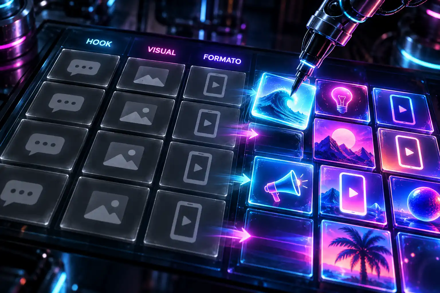 Pannello di progettazione con combinazioni di hook, visual e formato affiancato da diverse creatività colorate; un braccio robotico interviene sui visual per rappresentare il processo di variazione e test delle inserzioni.
