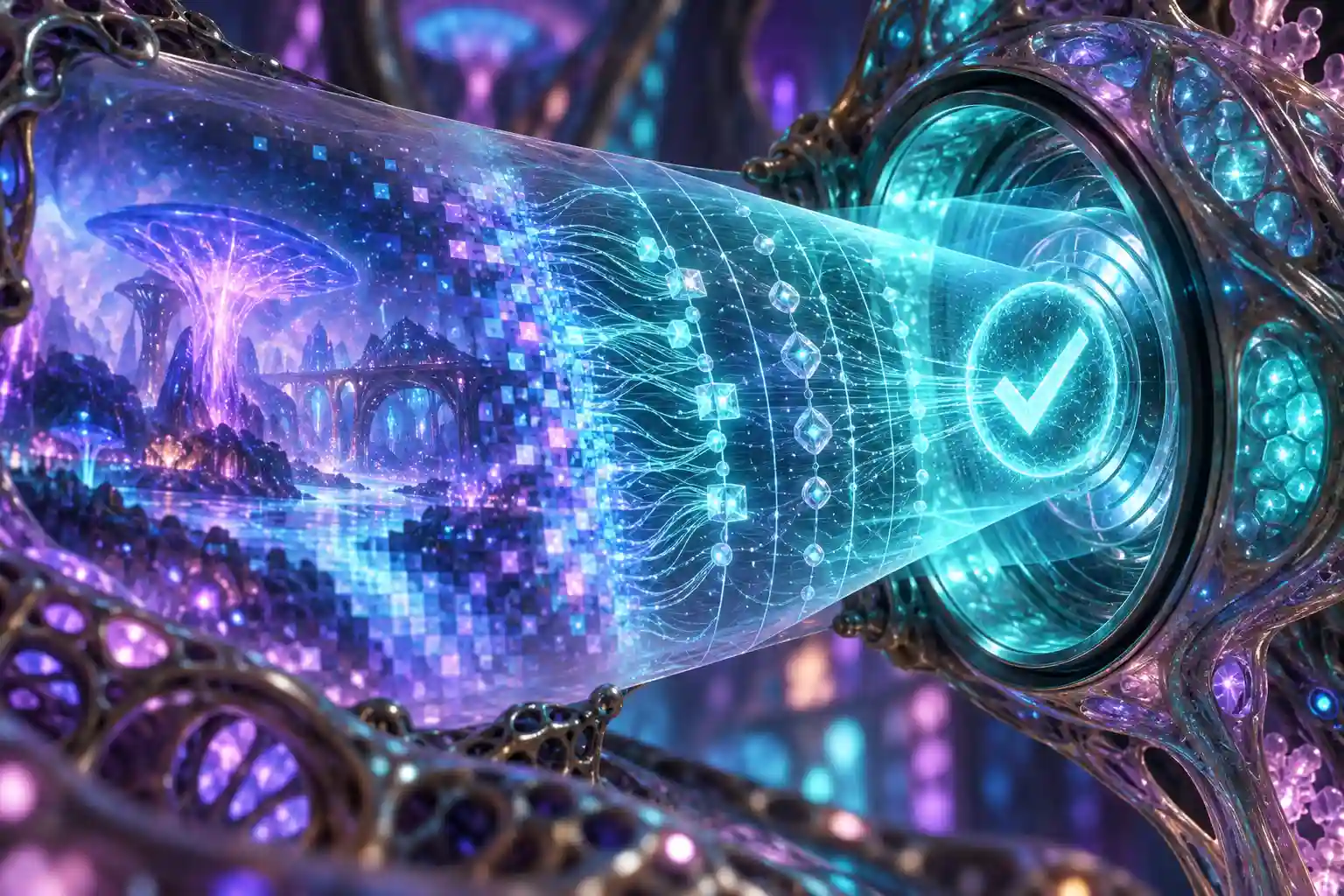 Contenuto visivo digitale attraversa una struttura di controllo con reti e nodi fino a una spunta luminosa, a rappresentare la verifica di un’immagine generata con intelligenza artificiale.