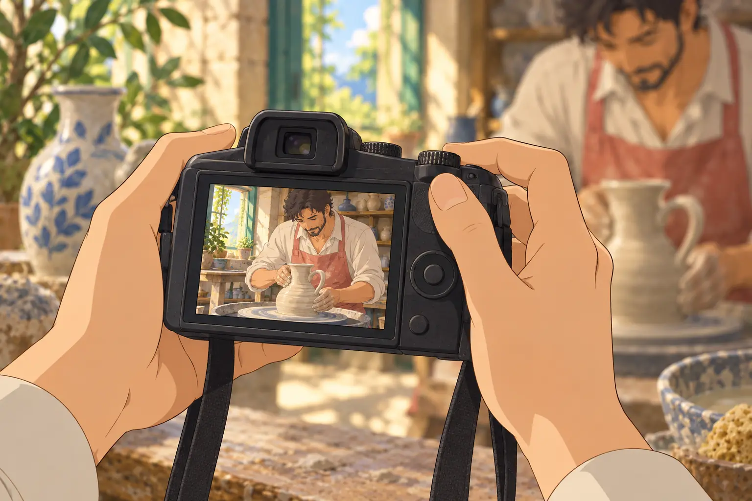 Primo piano illustrato di una fotocamera tenuta tra le mani: sul display un ceramista modella una brocca al tornio, mostrando il gesto da raccontare nella galleria dell’attività.