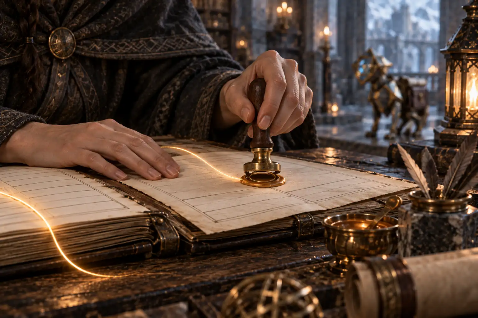 Dettaglio fantasy di una mano che applica un sigillo su un volume aperto, attraversato da un filo di luce dorata: una metafora del controllo umano delle informazioni.
