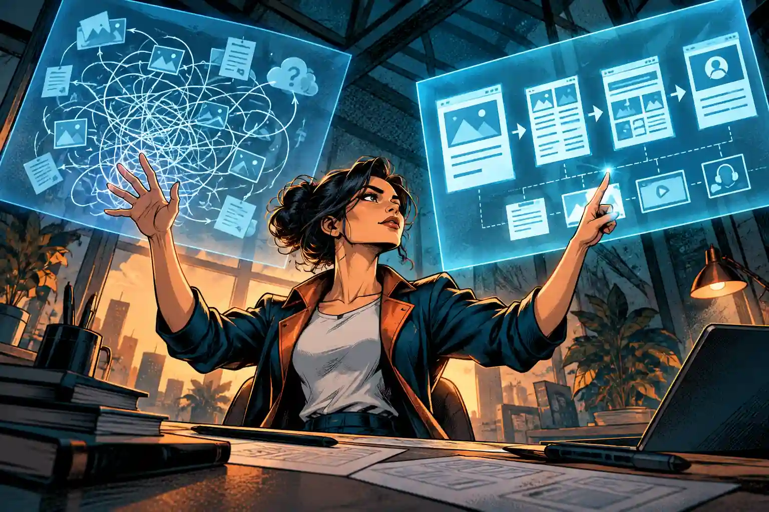 Supereroina originale davanti a due tavole luminose: a sinistra richieste web aggrovigliate, a destra una struttura di pagine più ordinata.