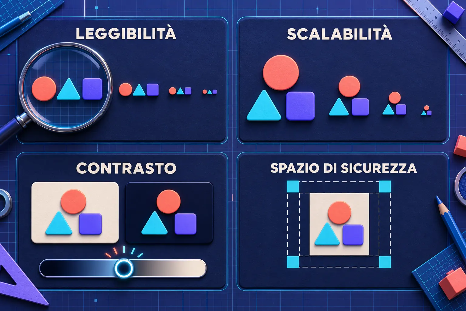 Infografica sul logo responsive con quattro criteri principali: leggibilità a dimensioni diverse, scalabilità, contrasto su fondi chiari e scuri e spazio di sicurezza attorno al marchio.