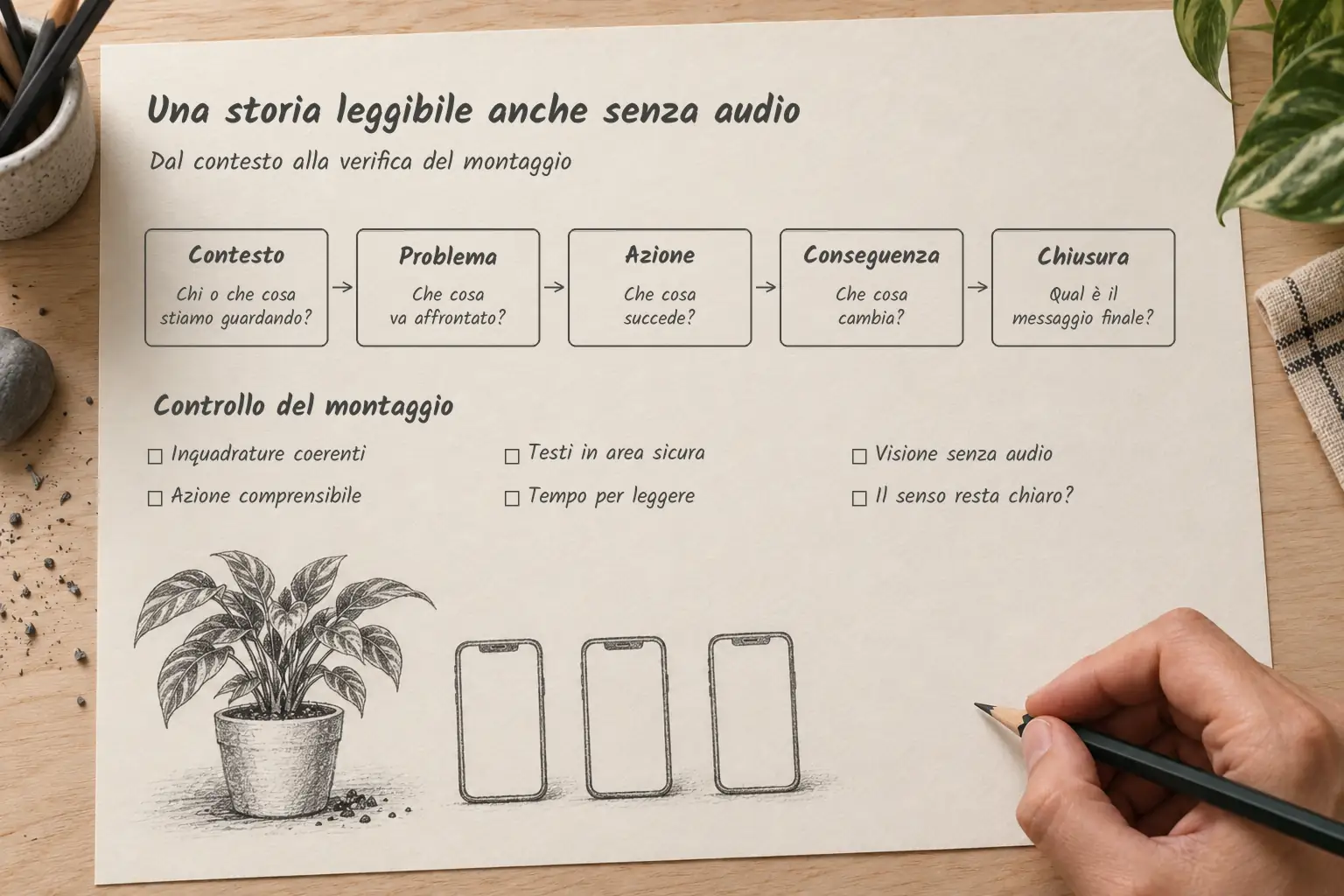 Schema su carta della storia in cinque momenti: contesto, problema, azione, conseguenza e chiusura. La checklist verifica coerenza delle inquadrature, comprensibilità dell’azione, testi in area sicura, tempo di lettura e chiarezza del messaggio senza audio.