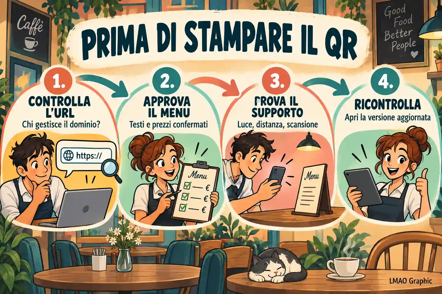 Checklist in 4 passi prima di stampare il QR code del menu: URL, testi e prezzi, prova di scansione, versione aggiornata