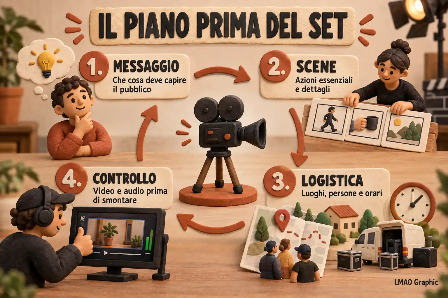Infografica circolare 3D: definire il messaggio, scegliere le scene, organizzare luoghi, persone e orari, controllare video e audio prima di smontare.