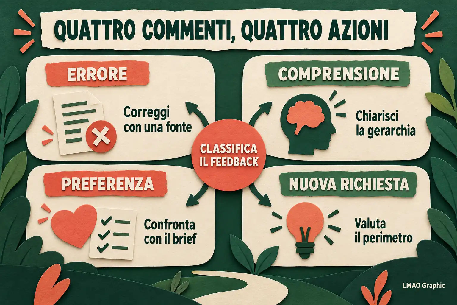 Infografica: correggere errori con una fonte, chiarire la gerarchia, confrontare preferenze con il brief e valutare il perimetro delle nuove richieste.