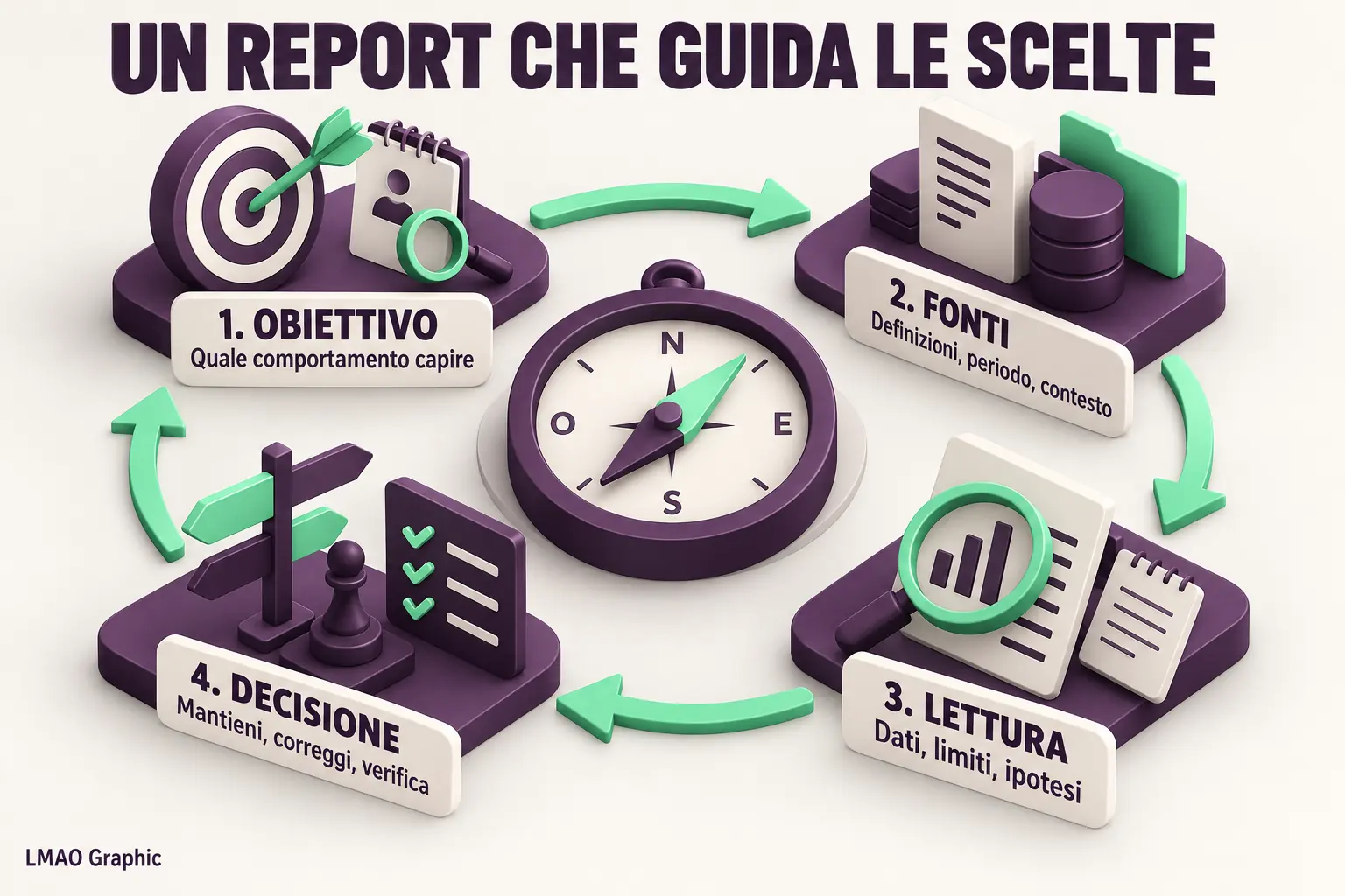 Infografica circolare con bussola: definire l’obiettivo, verificare fonti e contesto, leggere dati e limiti, decidere cosa mantenere o correggere.