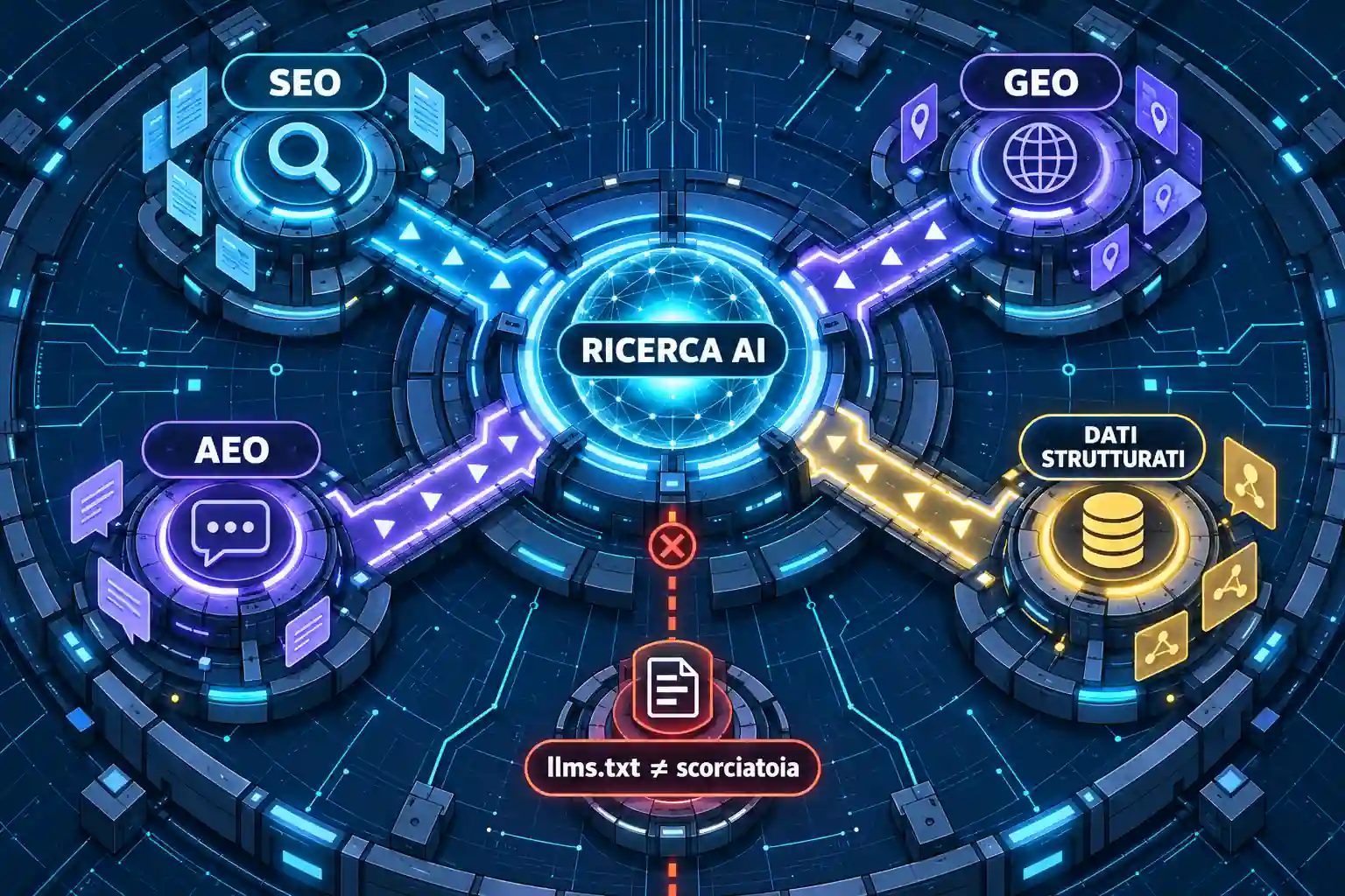 File llms.txt accanto a un flusso di contenuti web su nastri trasportatori, con simboli di ricerca, collegamenti, documenti e citazioni diretti verso un elemento luminoso che rappresenta la ricerca AI.
