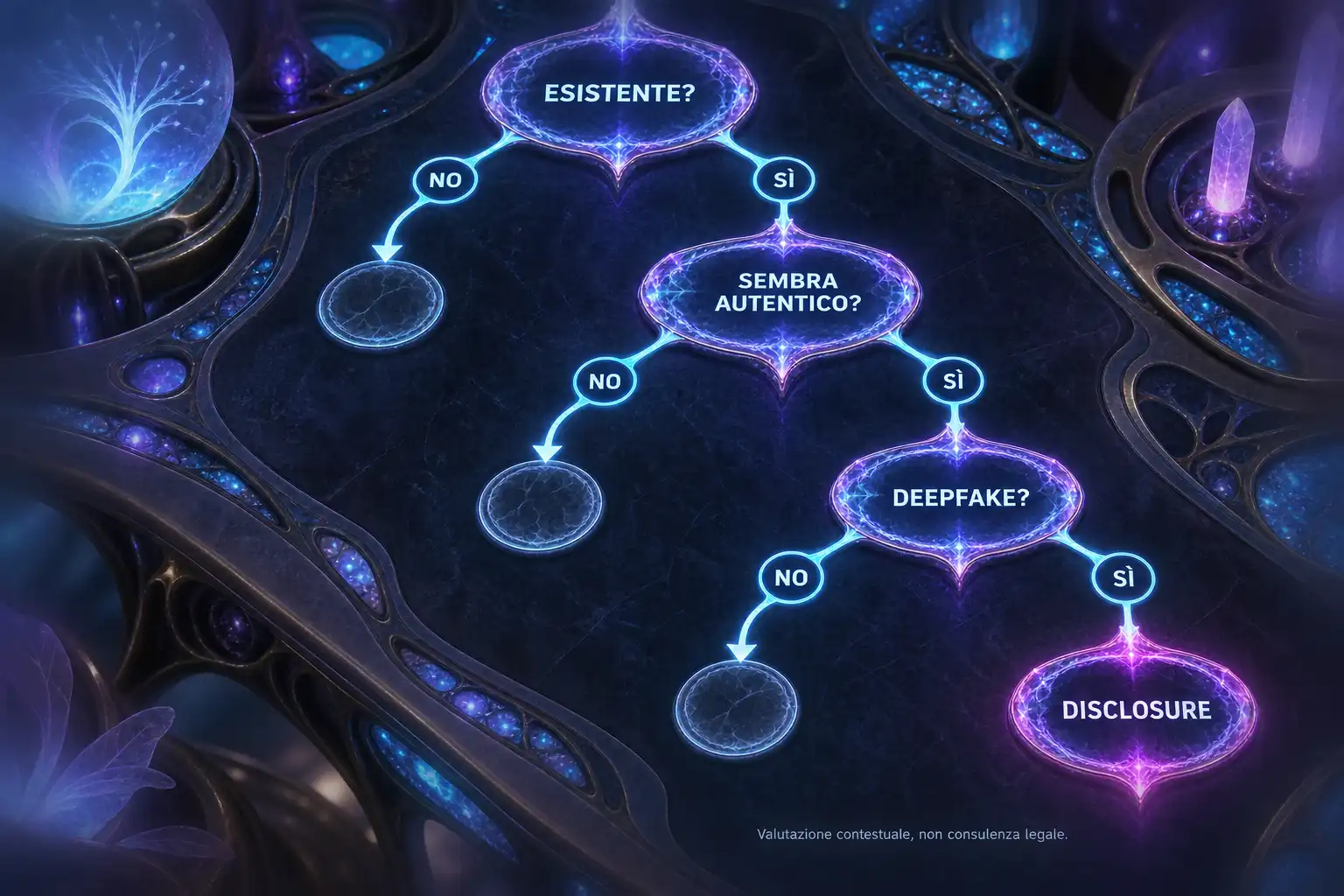 Diagramma decisionale che valuta se un contenuto è esistente, se appare autentico e se costituisce un deepfake, conducendo nei casi previsti alla fase di disclosure.