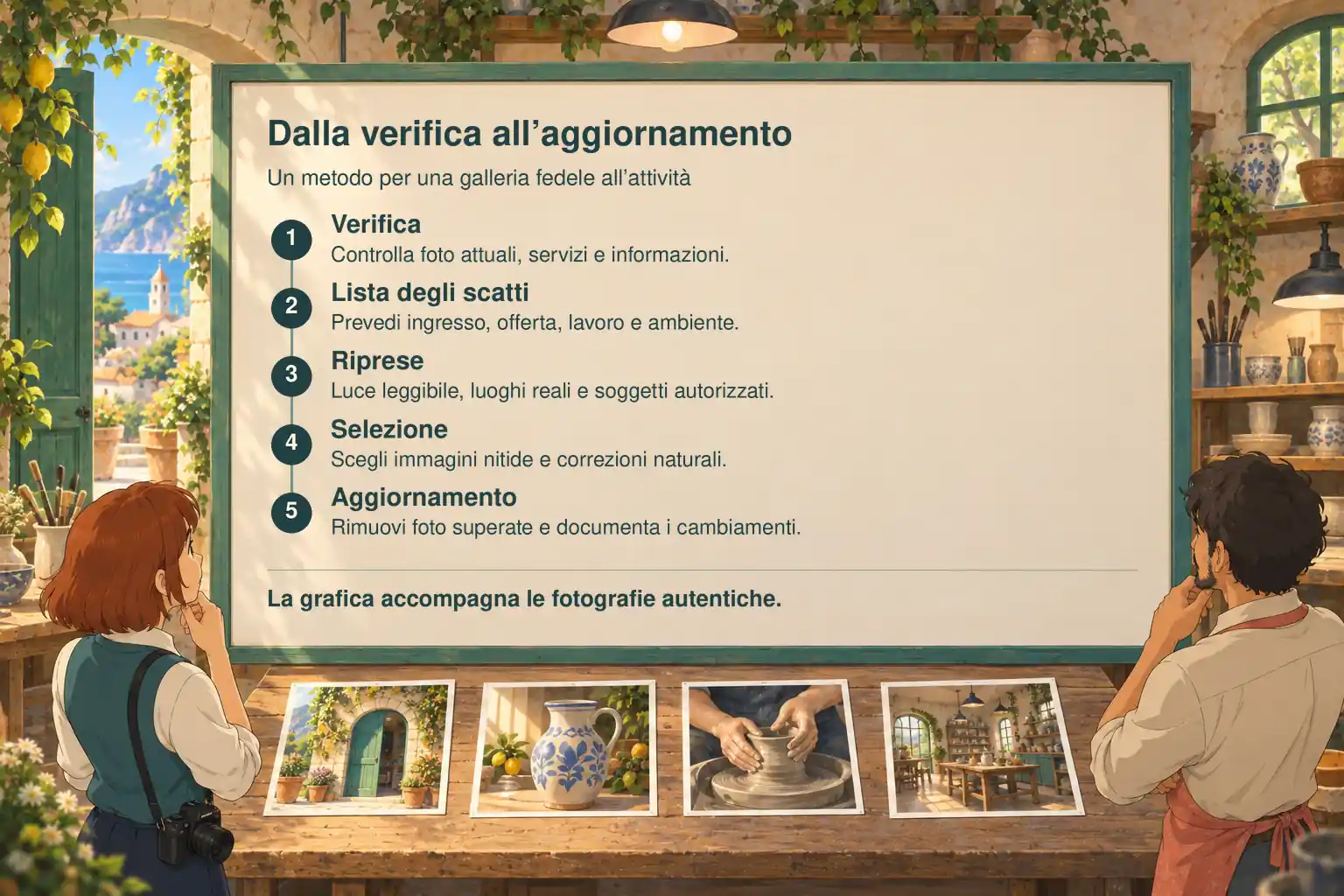 Schema in cinque fasi per una galleria fedele all’attività: verificare le foto attuali, elencare gli scatti necessari, fotografare luoghi reali e soggetti autorizzati, scegliere immagini nitide e aggiornare quelle superate. La grafica accompagna le fotografie autentiche.