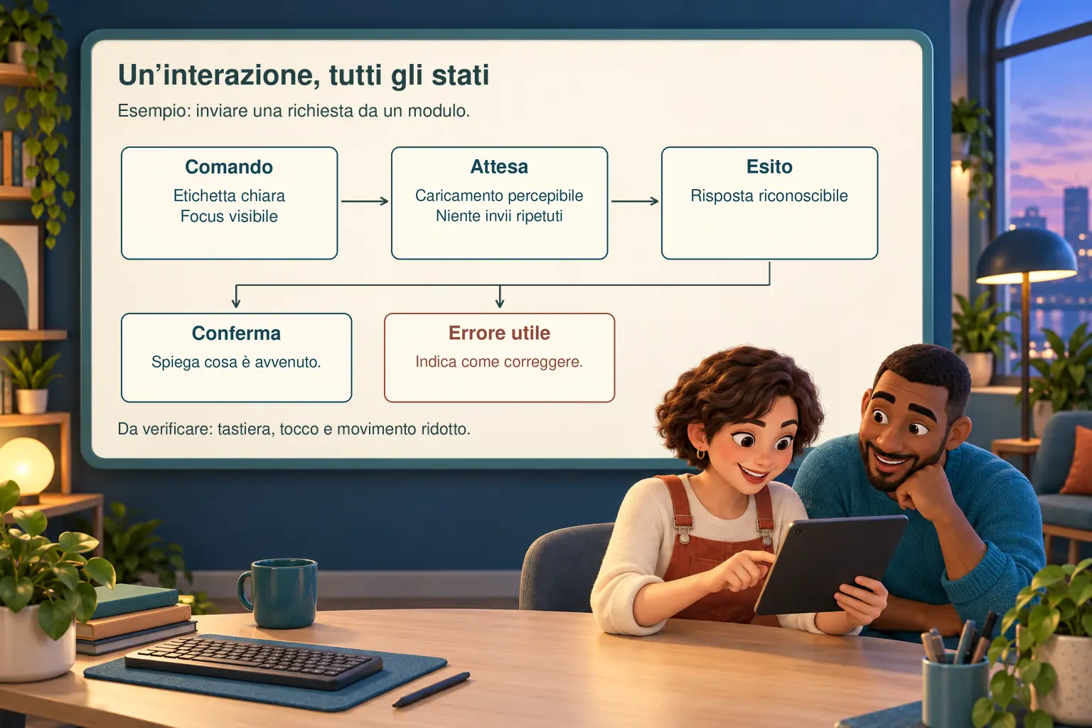 Diagramma dell’invio di una richiesta: comando con etichetta chiara e focus visibile, attesa con caricamento percepibile ed esito riconoscibile. La conferma spiega cosa è avvenuto; l’errore indica come correggere. Verifiche con tastiera, tocco e movimento ridotto.