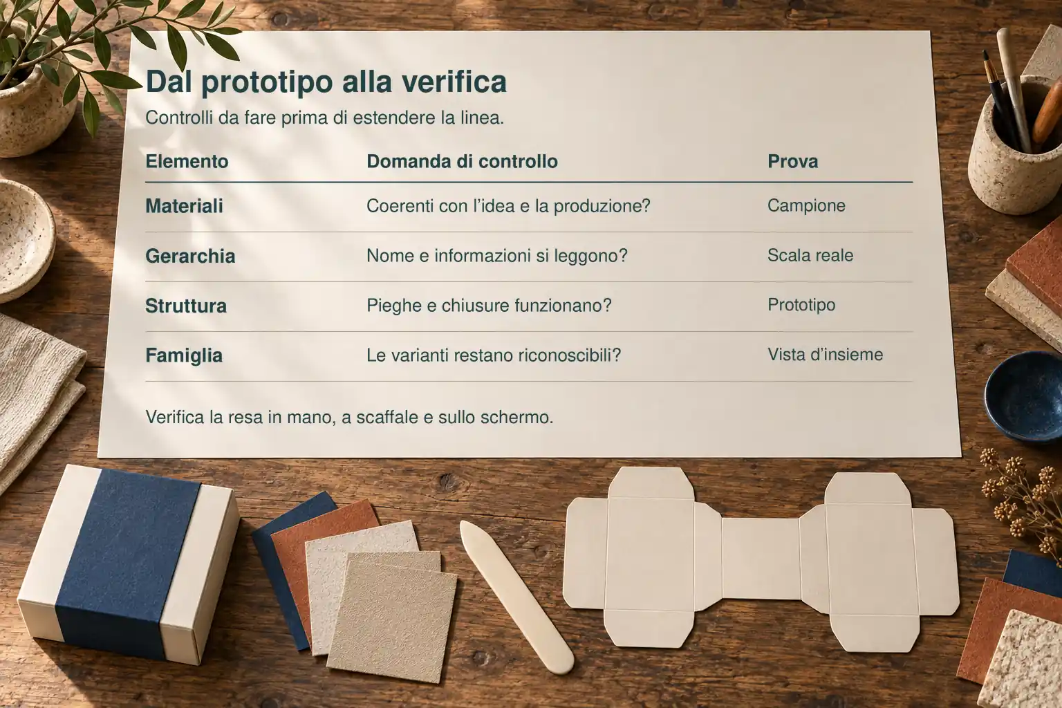 Tabella di controllo del packaging: campioni per verificare i materiali, stampa in scala reale per la leggibilità, prototipo per pieghe e chiusure, vista d’insieme per riconoscere le varianti. Verifica finale in mano, a scaffale e sullo schermo.