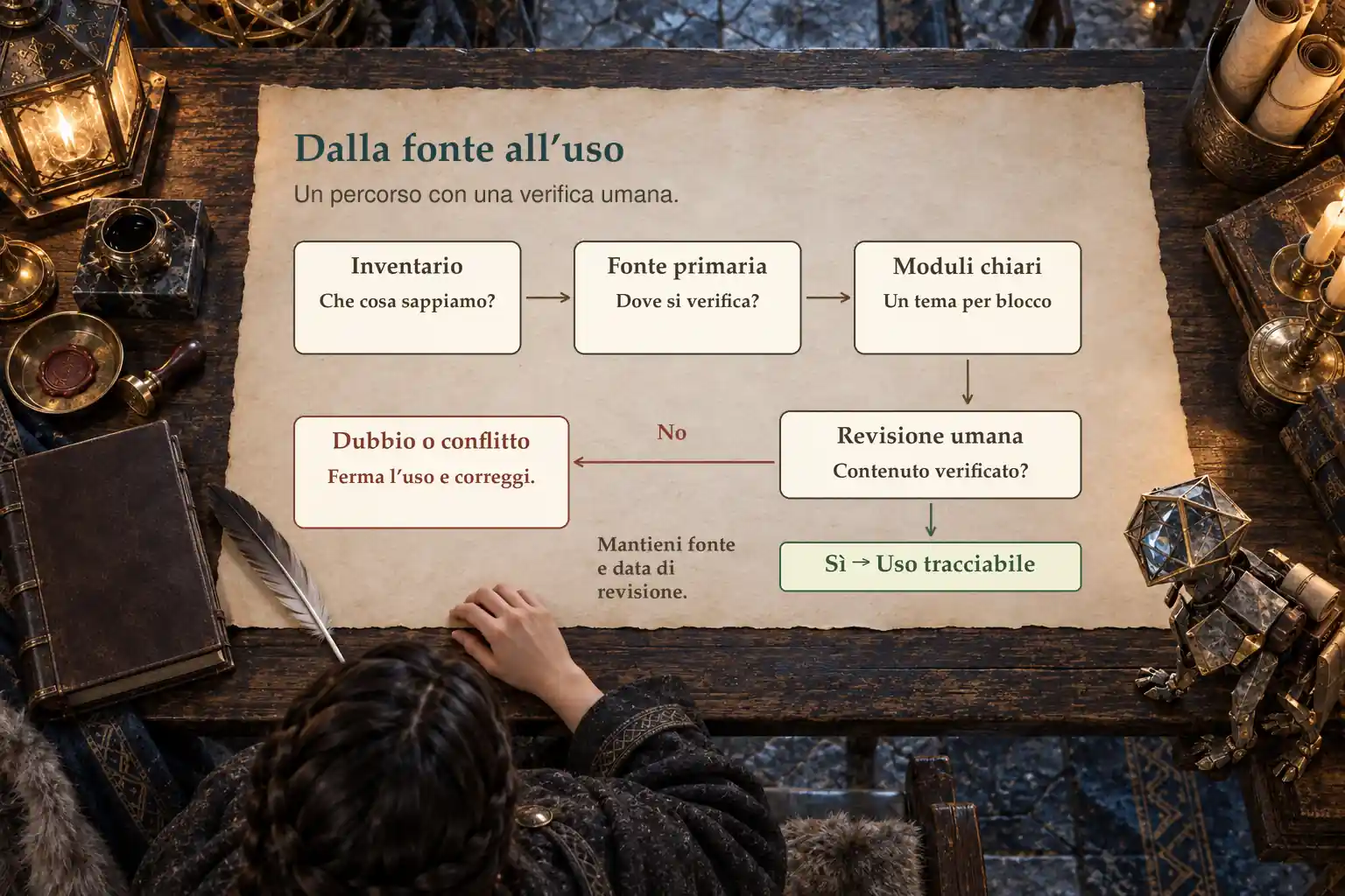 Diagramma su pergamena: inventario, fonte primaria e moduli chiari conducono alla revisione umana. Se il contenuto è verificato, l’uso è tracciabile; in caso di dubbio o conflitto, ci si ferma e si corregge. Vanno mantenute fonte e data di revisione.