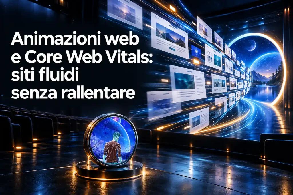 Copertina dedicata ad animazioni web e Core Web Vitals, con numerose pagine di siti in movimento lungo scie luminose verso un portale, a rappresentare fluidità e prestazioni durante la navigazione.