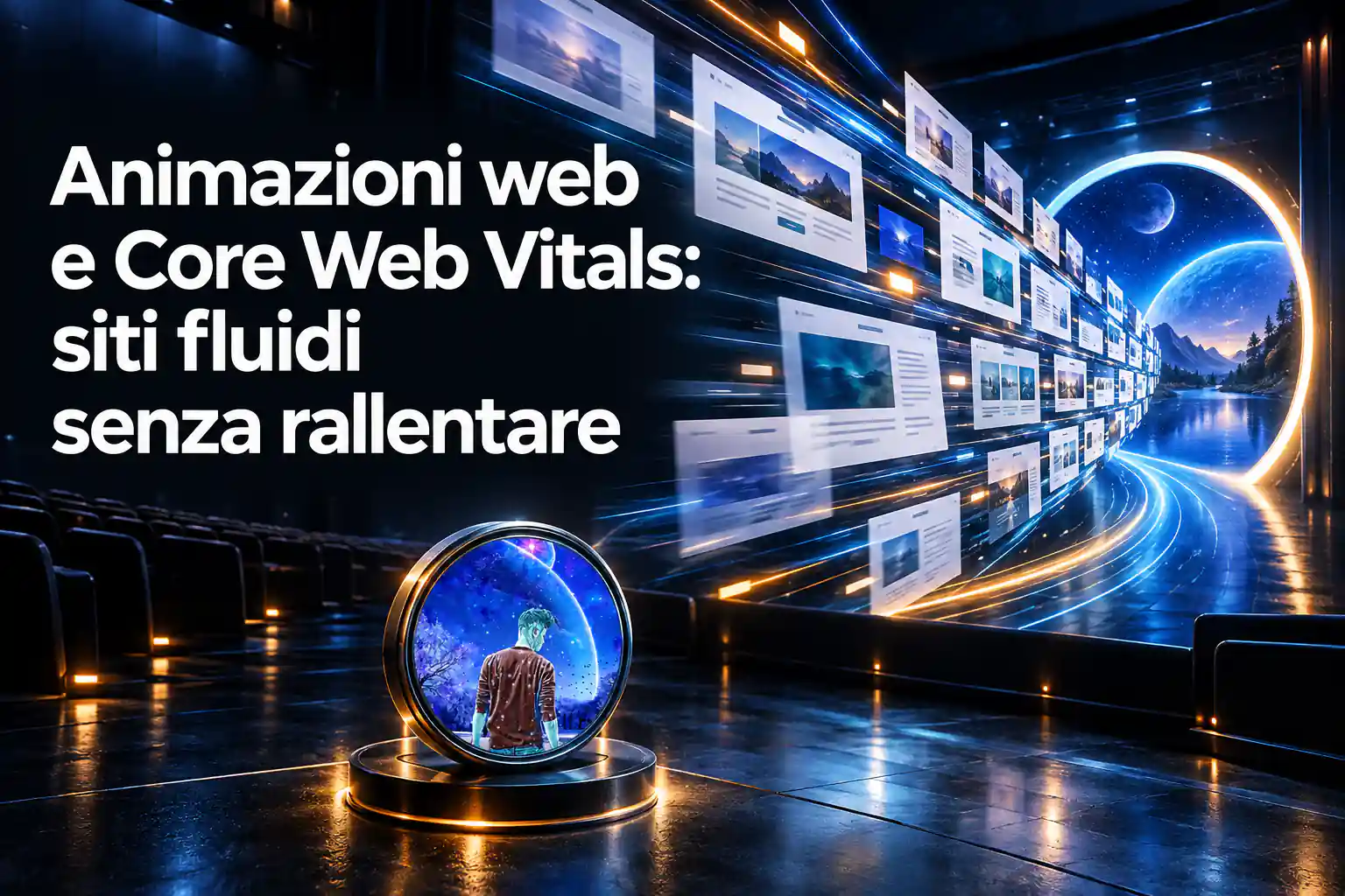 Copertina dedicata ad animazioni web e Core Web Vitals, con numerose pagine di siti in movimento lungo scie luminose verso un portale, a rappresentare fluidità e prestazioni durante la navigazione.