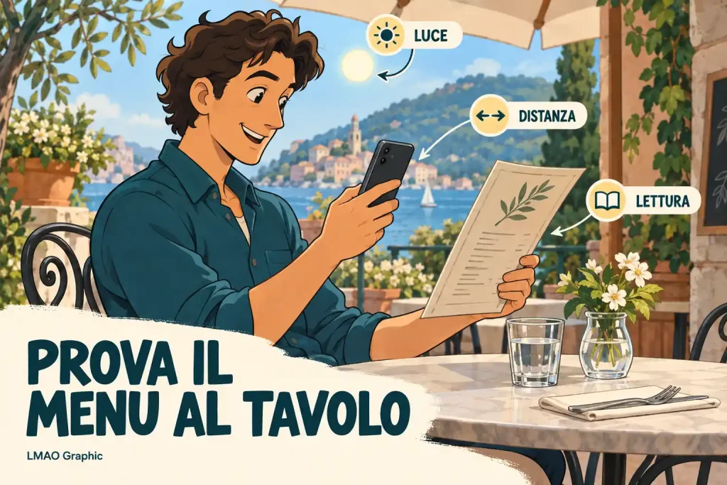 Cliente al tavolo di un ristorante all'aperto prova il menu con lo smartphone: luce, distanza e leggibilità